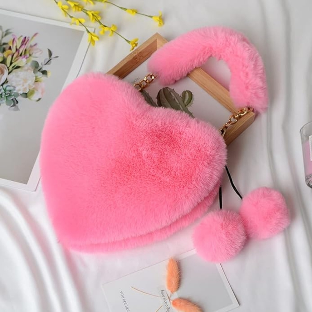 Plush Pretty Pink Faux Fur Heart Purse